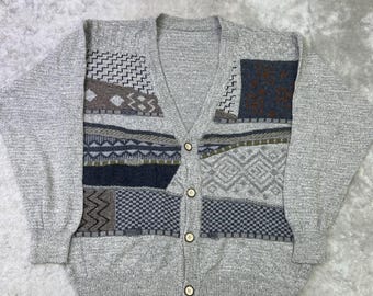 Cárdigan de punto patchwork de mezcla de lana para hombre, estilo vintage de los años 90, color gris, con estampado geométrico y botones, talla XL.