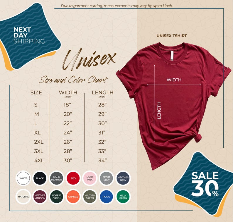 The image is a promotional graphic for a clothing store, featuring a red t-shirt with size and color charts, a price list, and a sale promotion.