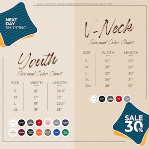 The image is a promotional graphic for a clothing store, displaying size and color charts for youth and V-Neck tops. The chart provides measurements for different sizes, including S, M, L, and XL, along with corresponding widths and lengths. The image also includes a sale promotion of 30% off.