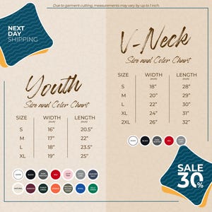 The image is a promotional graphic for a clothing store, displaying size and color charts for youth and V-Neck tops. The chart provides measurements for different sizes, including S, M, L, and XL, along with corresponding widths and lengths. The image also includes a sale promotion of 30% off.