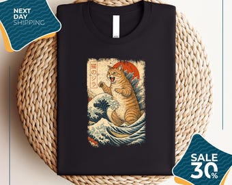 Retro Japanese Catzilla T-Shirt | Funny Cat Lover Gift | Sunset Cat Graphic Tee  Unisex Vintage Cat Shirt | Catzilla Japanese Cat Shirt