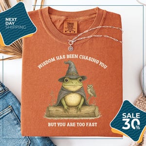 a red t-shirt with a whimsical illustration of a frog wearing a wizard's hat and holding a book, accompanied by the text "WISDOM HAS BEEN CHASING YOU BUT YOU ARE TOO FAST". The t-shirt is displayed on a white background, with a pair of jeans and a necklace visible in the foreground. There are also two sale tags in the image, one for 30% off and another for next day shipping.