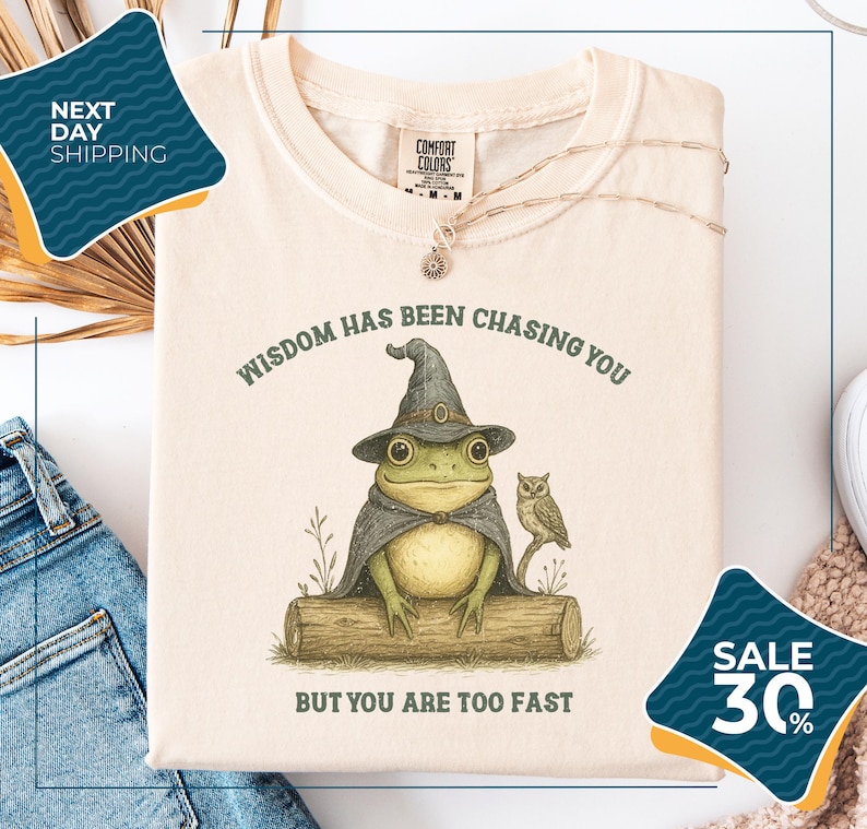 a white t-shirt with a whimsical illustration of a frog wearing a witch's hat and an owl perched on a log. The text on the t-shirt reads "WISDOM HAS BEEN CHASING YOU BUT YOU ARE TOO FAST", and there are two sale tags in the image, one for 30% off and another for next day shipping.