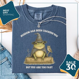 a blue t-shirt with a whimsical illustration of a frog wearing a wizard's hat and holding a book, accompanied by the text "WISDOM HAS BEEN CHASING YOU BUT YOU ARE TOO FAST". The t-shirt is displayed on a white background, with a pair of jeans and a sweater visible in the background. There are also two sale tags visible, one for the t-shirt and one for the jeans.