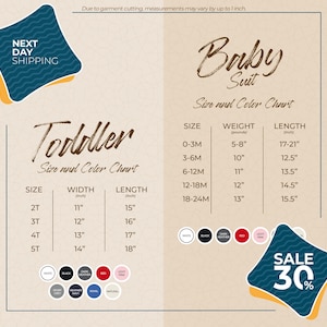 The image is a promotional flyer for a clothing store, displaying size and color charts for toddler and baby suits. The flyer includes a sale offer of 30% off on the purchase of these suits.