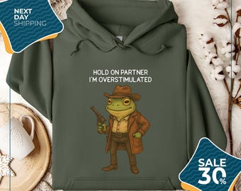 Hold On Partner Im Overstimulated Sweatshirt | Cowboy Frog Sweatshirt | Cowboy Frog Unhinged Hoodie | Cute Animal Sweatshirt