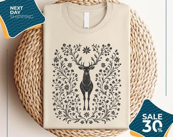 Boho Floral Deer Shirt | Cottagecore Aesthetic Woodland Tee for Nature Lovers | Vintage Botanical Animal Shirt | Forestcore Gift