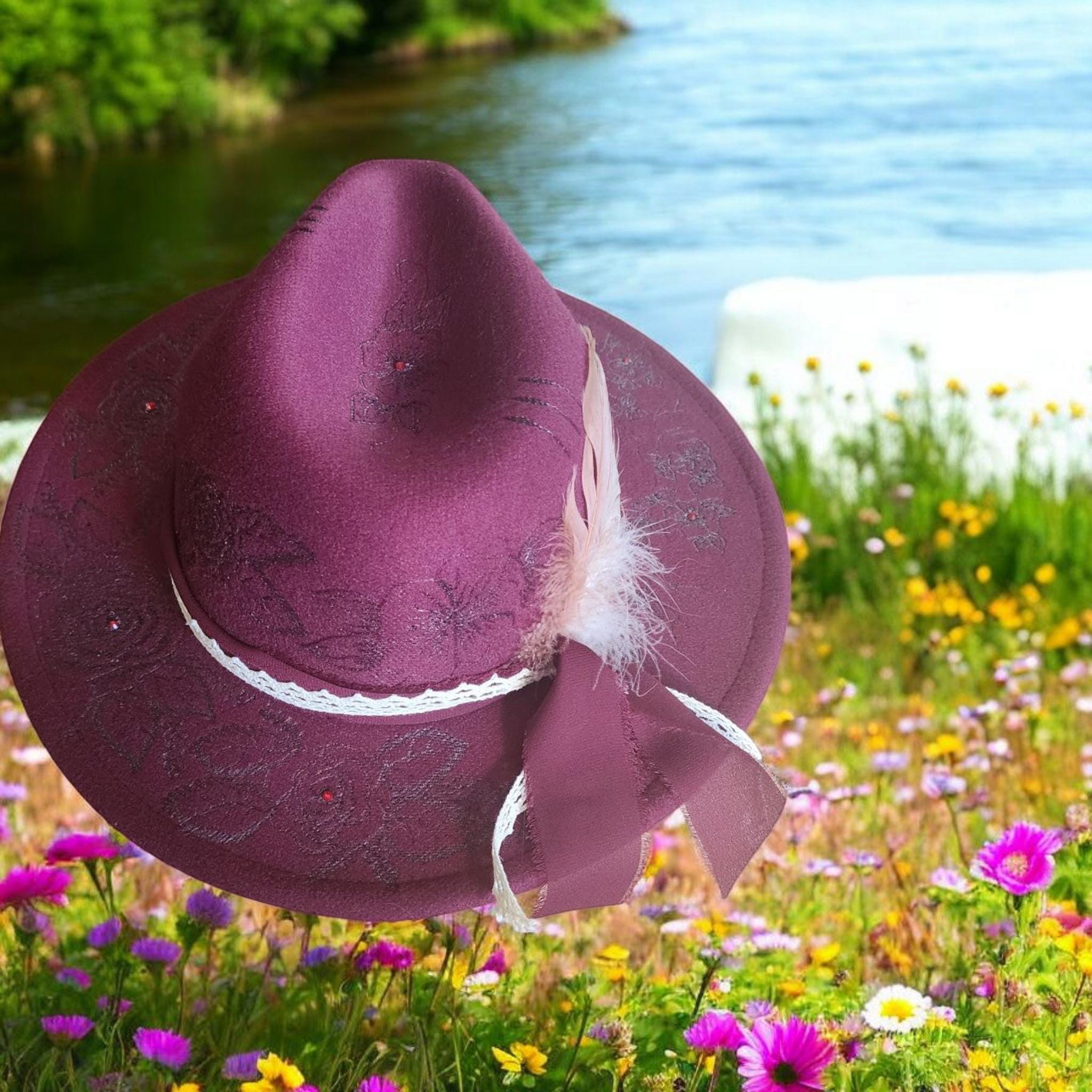 Elegant Rose Fuschia Women\'s Hand Burned Felt Hat Rose Burned Hat, Rose Engraved Cowboy Hat, Floral Hat, Rose  main image 4