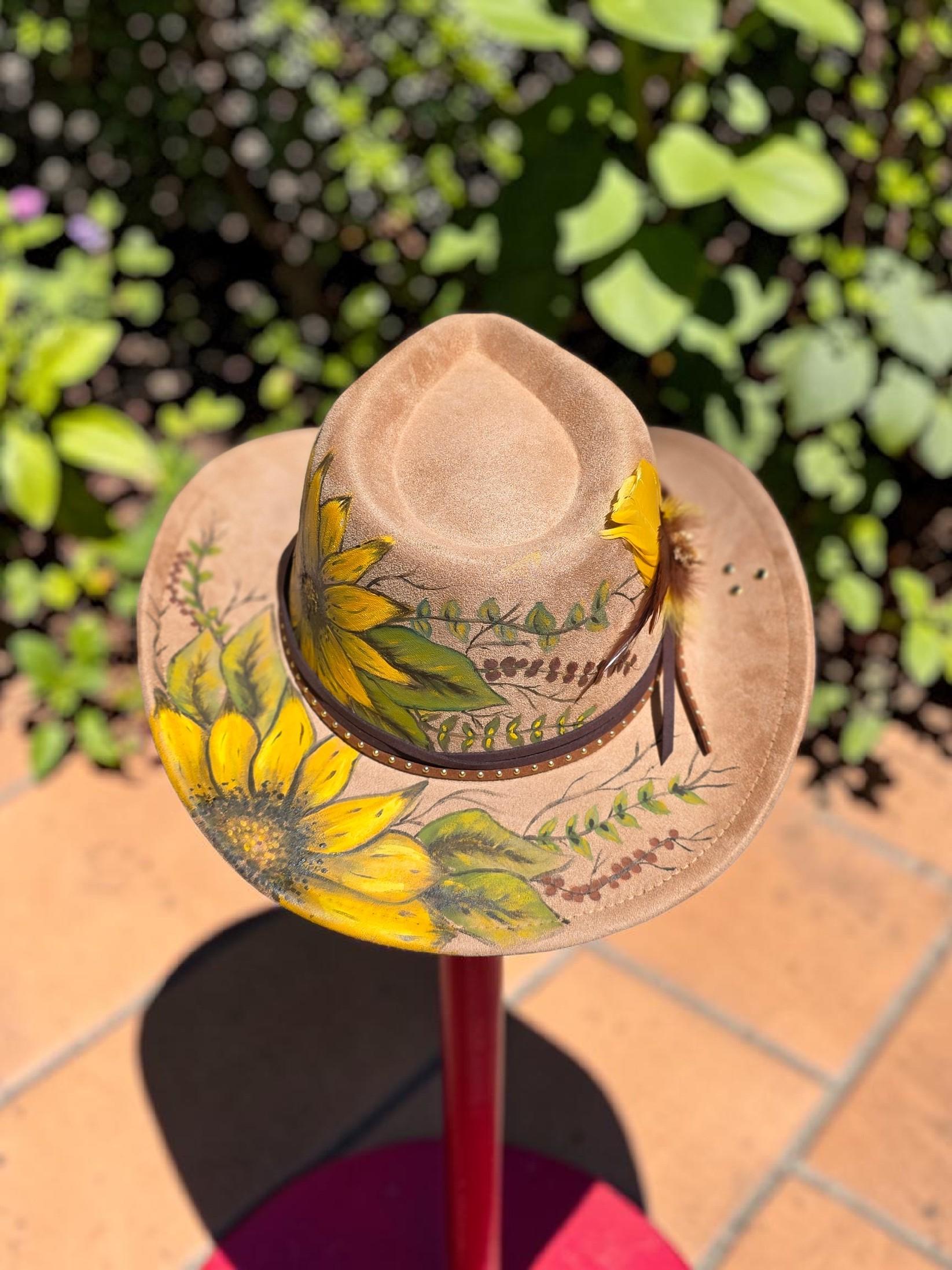 Hand‎ Painted Straw Fedora Hat Floral Design Black Stripe Band Wide Brim Palm Fedora Hat, Wide Brim Hat, Summer , Straw Hat, Panama  main image 2