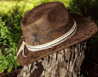 Hand Burned Vegan Suede Fedora: Short Brim Cowgirl Hat