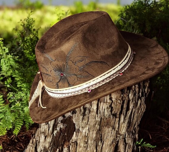 Vegan Suede burned hat brown Vegan Suede Classic Cowboy Custom Burned Hat – Kindled Stitch main image 4