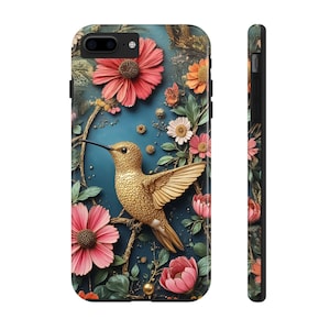 Funda resistente para teléfono con diseño botánico de colibrí.