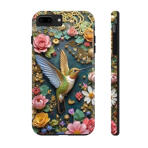 Funda para teléfono resistente con diseño de colibrí con flores, dorado y perlas.