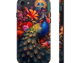 Elegant Peacock Tough Phone Case: Vibrant Flowers & Nature's Charm"