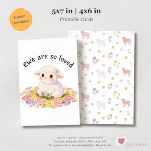 以下が含まれることがあります： 2 つの印刷可能なカード。1 つのカードには、「ewe are so loved」というテキストが入ったかわいい羊の水彩イラストが描かれています。もう一方のカードには、羊、花、ハートのパターンがあります。カードのサイズは 12.7 x 17.8 cm と 10.2 x 15.2 cm です。