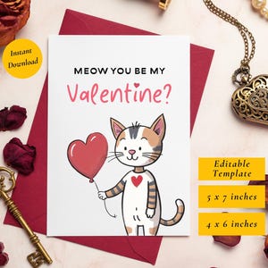 Meow You Be My Valentine / Tarjeta de San Valentín imprimible para amantes de los gatos / Archivo láser personalizado editable para padres de mascotas / Regalo para ella / Carta de amor