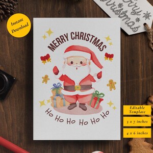 Cartão de Natal fofo do Papai Noel para imprimir | Saudação divertida de Natal | Carta de Papai Noel personalizável | Clipart fofo do Papai Noel | Cartão de presente de Natal