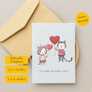 Você faz meu coração ronronar! | Cartão de Dia dos Namorados para Amantes de Gatos para Imprimir | Carta de Amor Personalizada Editável | Cartão de Amor para Namorado | Presente para Dia dos Namorados
