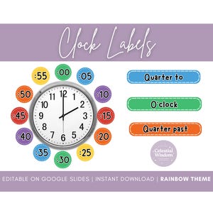 May include: A printable set of clock labels with a rainbow theme. The labels include times from 0:00 to 0:55 and phrases like "quarter to", "o'clock", and "quarter past".