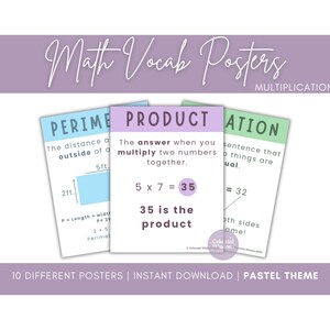 Multiplication Vocabulary Posters, printable, pastel, definition, vocab, 3rd grade, 4th grade, 5th grade, classroom décor, word wall