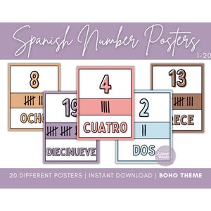 Spanish Number Posters, Tallies, Boho, Math, Counting, Resource, Printable, Bulletin Board, Décor, School, Language, Elementary