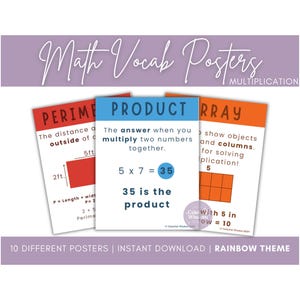 Könnte beinhalten: Drei farbige, druckbare Poster mit Regenbogenrändern, die mathematische Vokabeln erklären: Umfang, Produkt und Array. Die Poster sind für den Unterricht in Multiplikation konzipiert.