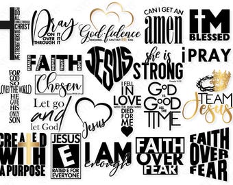 Puede incluir: Una colección de diseños gráficos religiosos negros y dorados con citas y frases inspiradoras. Algunas de las frases incluyen "Puedo hacer todas las cosas por medio de Cristo que me fortalece", "Fe", "Elegido", "Deja ir y deja que Dios", "Soy suficiente", "Dios es bueno todo el tiempo", "Equipo Jesús", "Fe sobre el miedo", "Me enamoré del hombre que murió por mí", "Ella es fuerte", "Rezo", "Amén", "Soy bendecido", "Jesús", "Creado con un propósito", "Reza por ello, por ello, por ello", "Confianza en Dios", "Intrépido, Asunción, Inspirar, Confianza, Esperanza", "Jesús E calificado para todos".