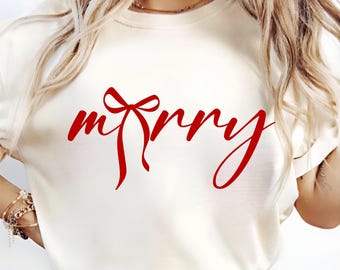 Merry Svg, Coquette Bow Svg, Merry Christmas Png, Retro Merry Shirt Svg, Red Bow Svg for Holiday, Merry and Bright PNG, Cute Festive Shirt