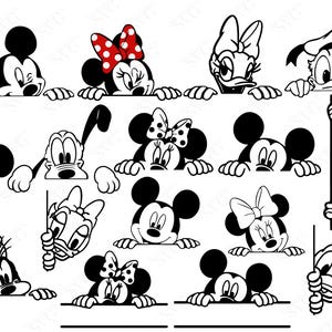 Puede incluir: Ilustraciones de dibujos animados en blanco y negro de Mickey Mouse, Minnie Mouse, Donald Duck, Daisy Duck y Goofy. Minnie Mouse tiene un lazo rojo con lunares. Los personajes se asoman por encima de una línea horizontal.
