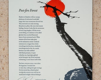 Letterpress Poetry Broadside — "Post-fire Forest" — poem by Forrest Gander, art and design by Jim Cokas