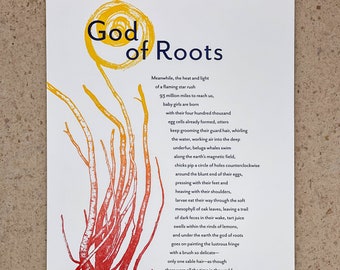 Letterpress Poetry Broadside Print — "God of Roots" — poet Ellen Bass, art & deign by Jim Cokas