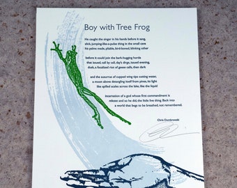 Letterpress Poetry Broadside Print — "Boy with Treefrog" — poet Chris Dombrowski, art & design by Jim Cokas