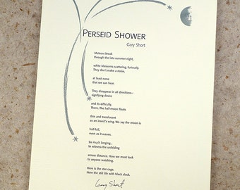 Letterpress Poetry Broadside Print — "Perseid Shower" — poet Gary Short, art & design by Jim Cokas