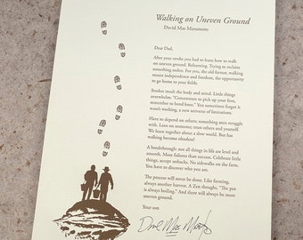 Letterpress Poetry Broadside Print — "Walking on Uneven Ground" —  poet David Mas Masumoto, art & design by Jim Cokas