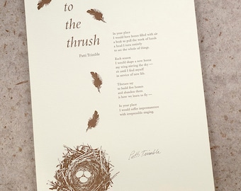 Letterpress Poetry Broadside Print — "To the Thrush" — poet Patti Trimble, art & design by Jim Cokas