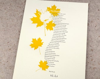 Letterpress Poetry Broadside Print — "The Maple" by poet Bob Hicok, art & design by Jim Cokas