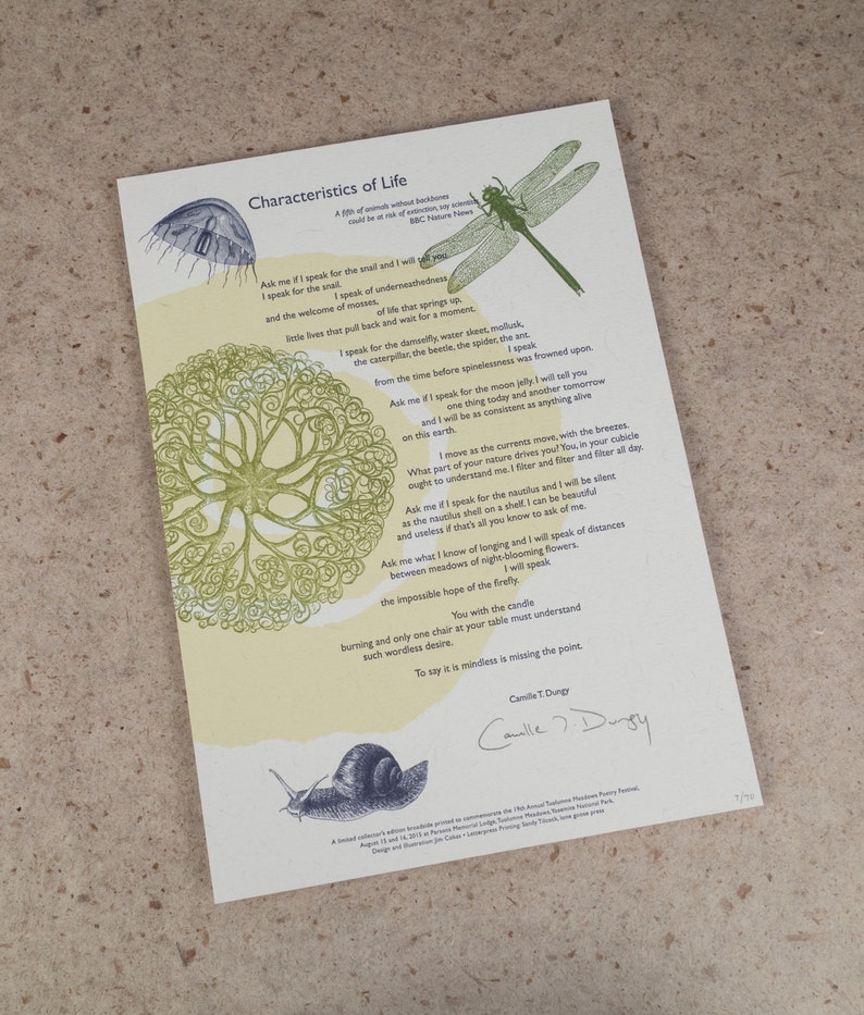 art /& design by Jim Cokas Letterpress Poetry Broadside Print \u2014 Characteristics of Life by poet Camille Dungy