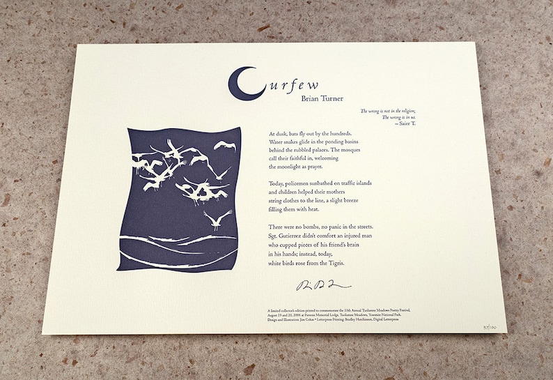 Letterpress Poetry Broadside Print curfew Poet Etsy