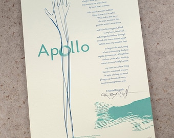 Letterpress Poetry Broadside — "Apollo" — poet F. Daniel Rzicznek, art & design by Jim Cokas