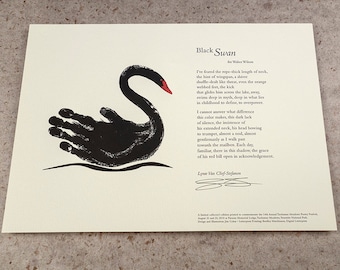 Letterpress Poetry Broadside Print — "Black Swan" — poet Lyrae Van-Clief Stefanon, art & design by Jim Cokas