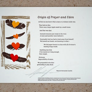 Letterpress Poetry Broadside — "Origin of Prayer and Eden" — poem by Marcelo Hernandez Castillo, art and design by Jim Cokas