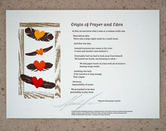 Letterpress Poetry Broadside — "Origin of Prayer and Eden" — poem by Marcelo Hernandez Castillo, art and design by Jim Cokas