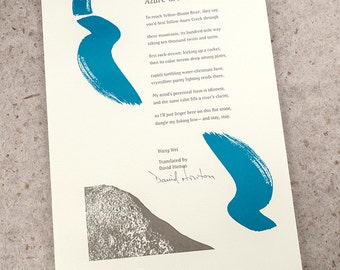 Letterpress Poetry Broadside Print — "Azure Creek" — poet David Hinton, art & design by Jim Cokas