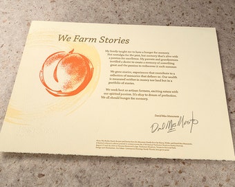 Letterpress Poetry Broadside Print — "We Farm Stories" — poet David Mas Masumoto, art & design by Jim Cokas