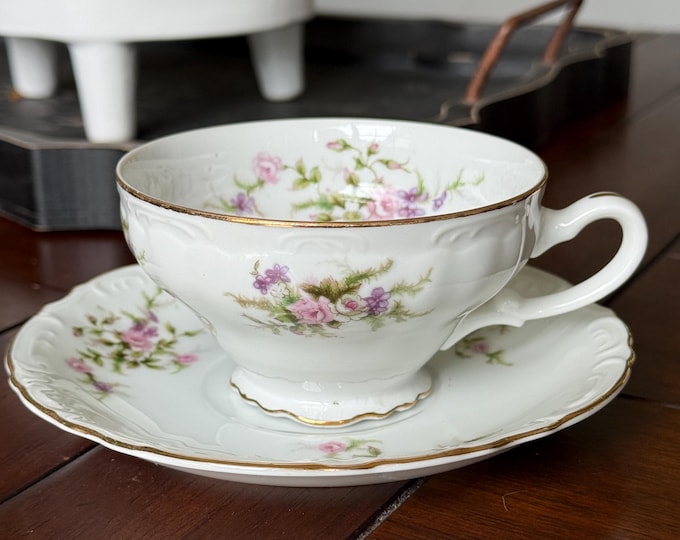 Forget-Me-Not Footed Tea Cup & Saucer - Japan 18002R - Fine China with gold accents