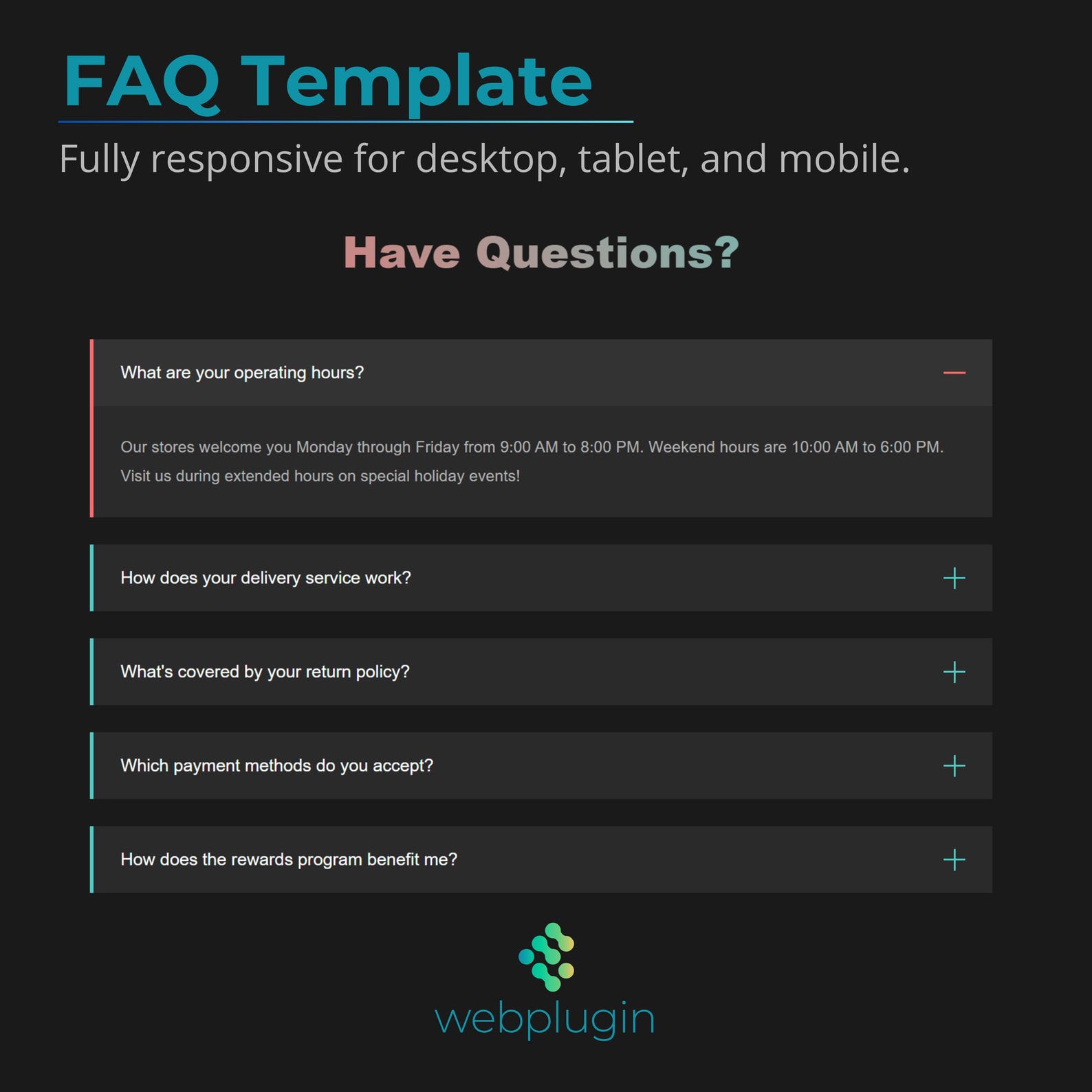 Modern Dark Theme FAQ Template Responsive Html FAQ Section Easy Embed ...