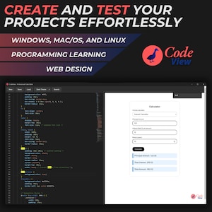 Puede incluir: Una captura de pantalla de una computadora que muestra un editor de código oscuro con una interfaz de calculadora azul claro y blanca. La calculadora tiene campos para el monto principal, la tasa de interés, el período y un botón para calcular. Los resultados muestran el monto principal, el interés total y el monto total.