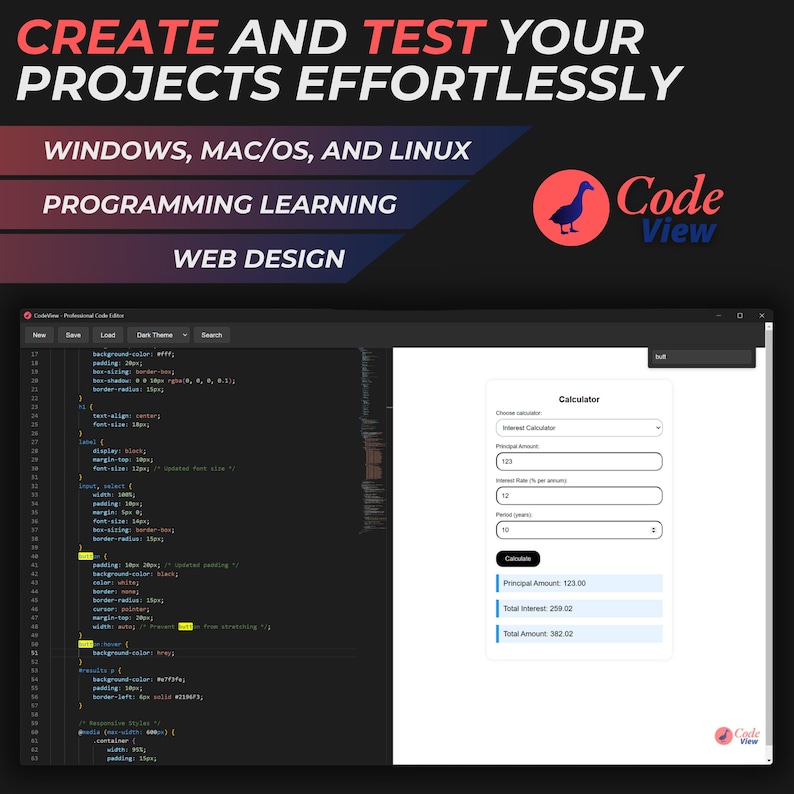 CodeView is a powerful tool available for Windows, Linux, and Mac devices. With it, you can easily make changes to your code while simultaneously viewing and testing the updates in real time on your project.