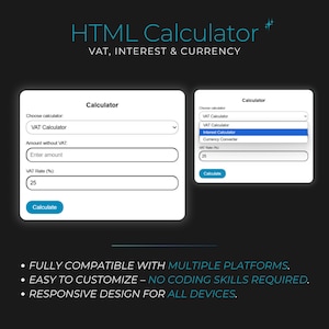 Calcolatrice HTML con funzionalità IVA, interessi e valuta / Modello di sito Web per Wix, Shopify, WordPress e altro / Widget convertitore di valuta