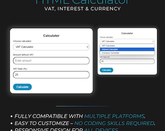Kalkulator HTML z funkcjami VAT, odsetek i walut | Szablon witryny dla Wix, Shopify, WordPress i innych | Widżet konwertera walut